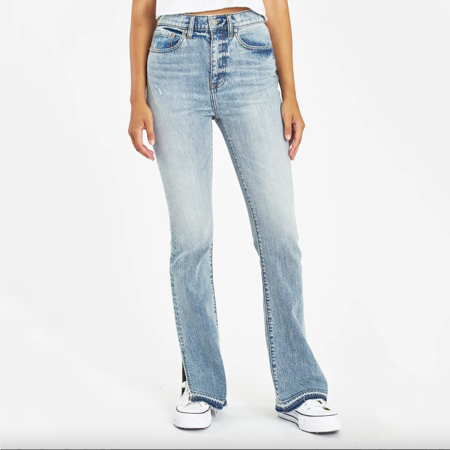 Daze Go-Getter Slim High Rise Flare With Side Slit Jean. The Go-getter in Double Dare is made to look like an authentic vintage pant. It's mostly rigid but yields to your body in all the right ways where you need it to