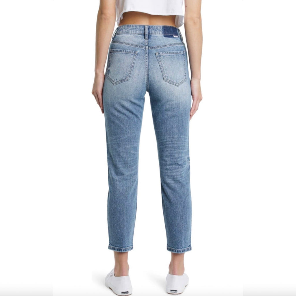 Daze The Original High Rise Mom. Bring on the vintage vibes with these tapered high-waist jeans kissed with stretch for comfort. The high rise distressed jeans and "Just Right" fabric is the perfect mix of rigid and stretch built into modern silhouettes with vintage character. Reliably flattering and consistently kind