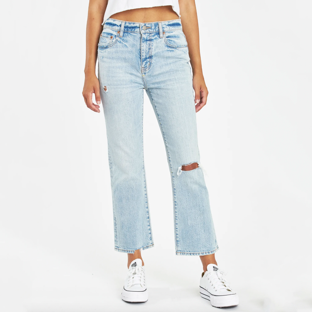 Daze Shy Girl High Rise Crop Flare Jean. The Shy Girl Jean in High Key is made to look like an authentic vintage bottom. It's mostly rigid but yields to your body in all the right ways where you need it to
