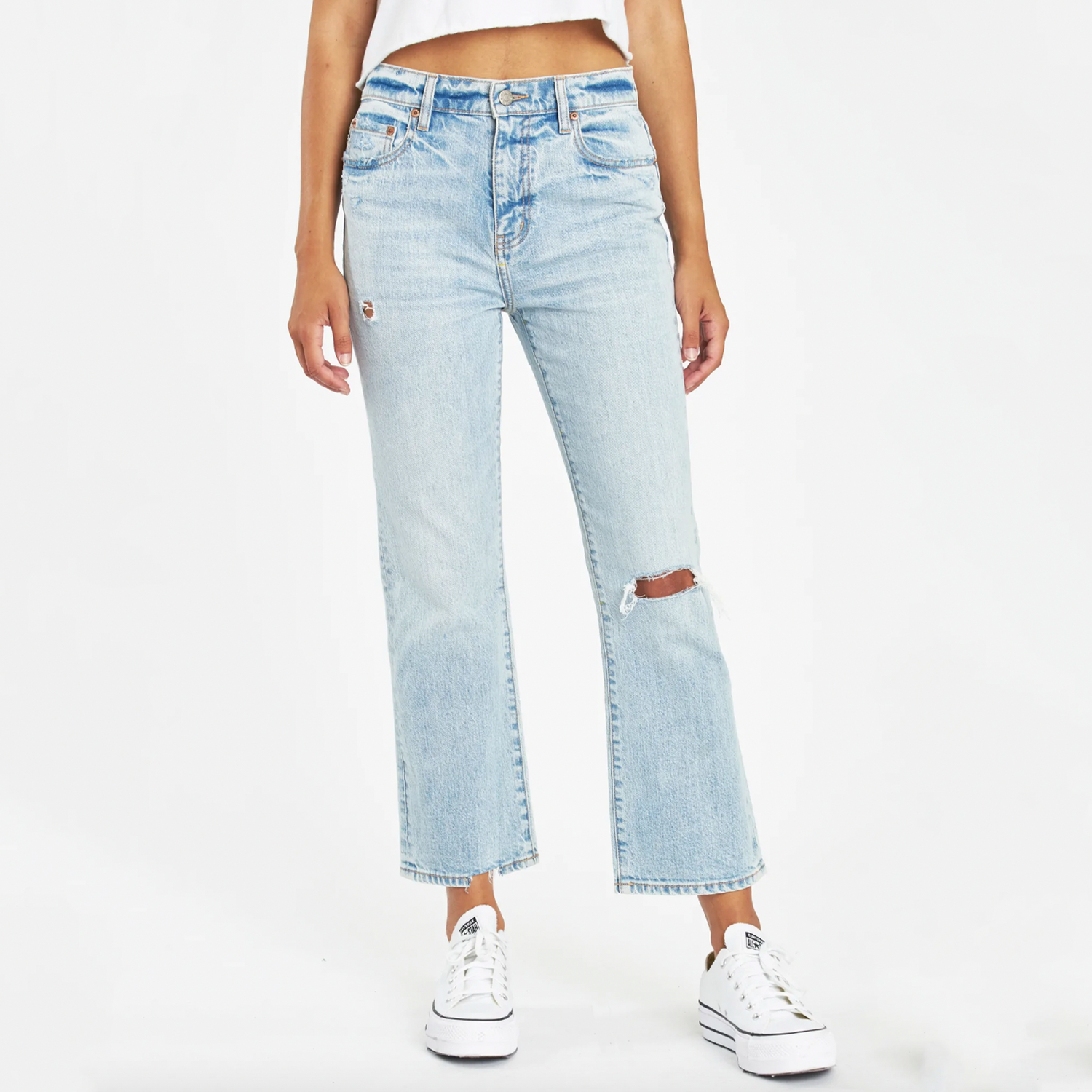 Daze Shy Girl High Rise Crop Flare Jean. The Shy Girl Jean in High Key is made to look like an authentic vintage bottom. It's mostly rigid but yields to your body in all the right ways where you need it to
