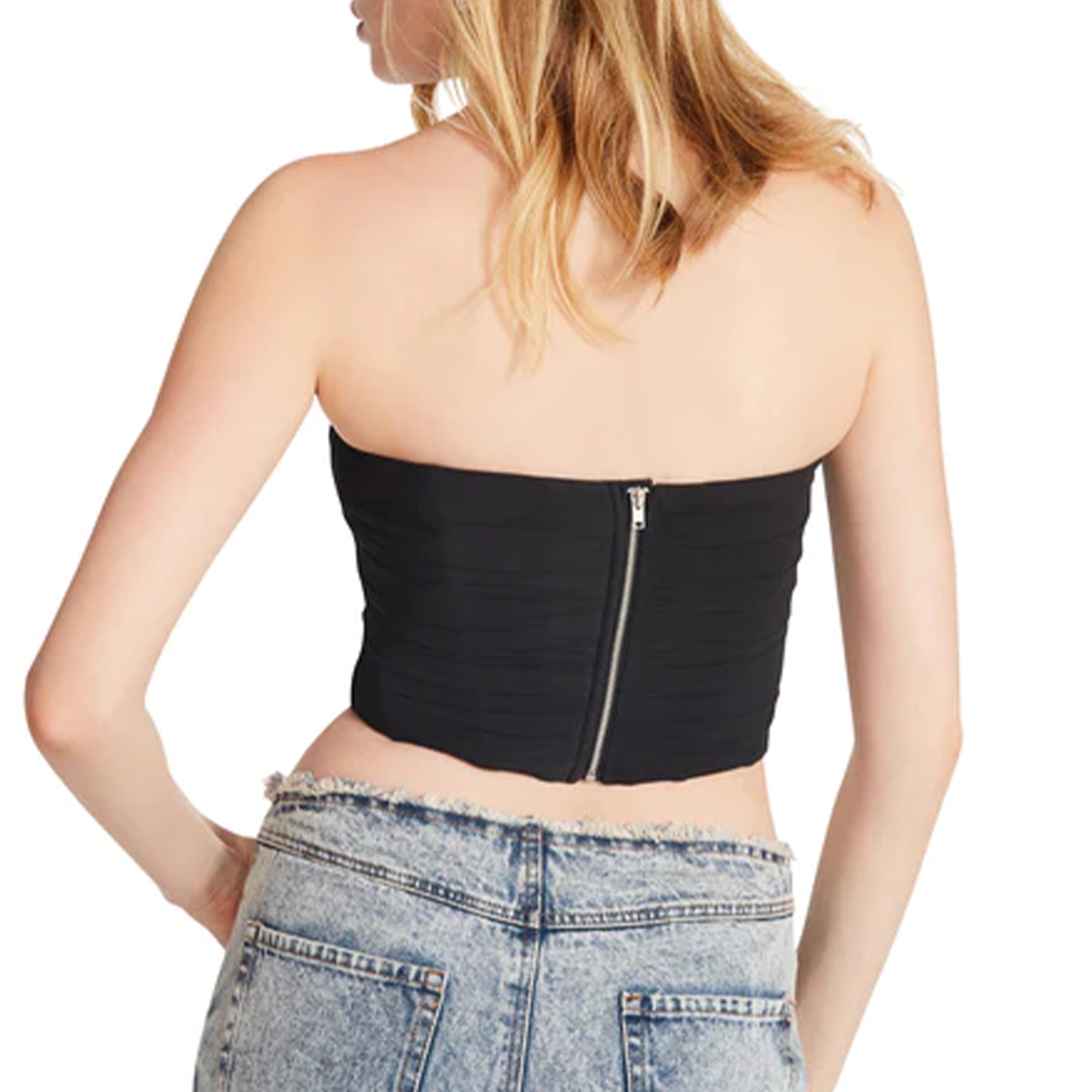 Steve Madden Dahlia Top. Head out for a night of fun in this bustier crop top! Strips of supportive boning create a bustier effect across the cropped bodice. The mesh overlay over a boned bodice will pair perfectly with your oversized blazer and favorite denim or mini skirt