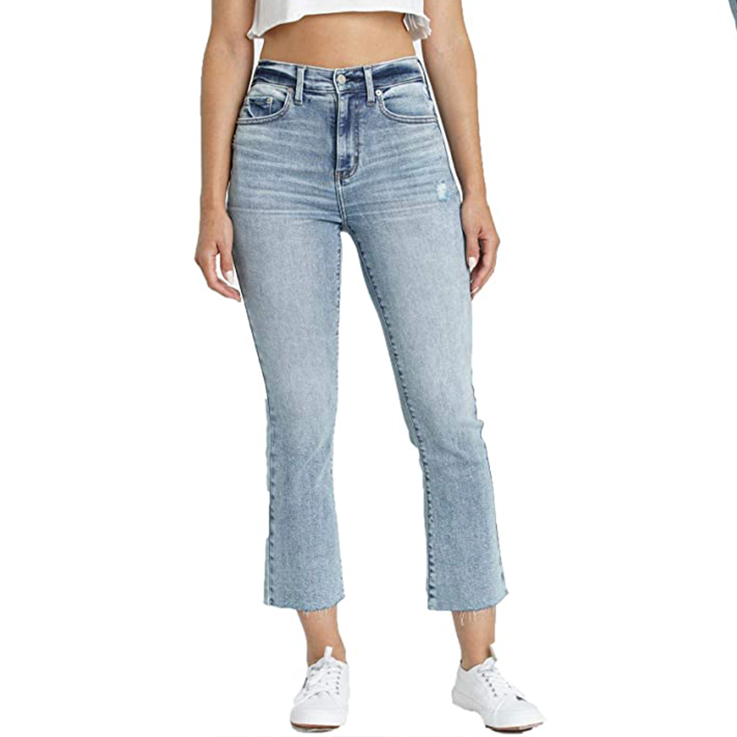 Daze Shy Girl High Rise Crop Flare. Complete your everyday look wearing these jeans. Fraying raw hems enhance the lived-in look of these high-waist jeans finished with cropped, flared legs