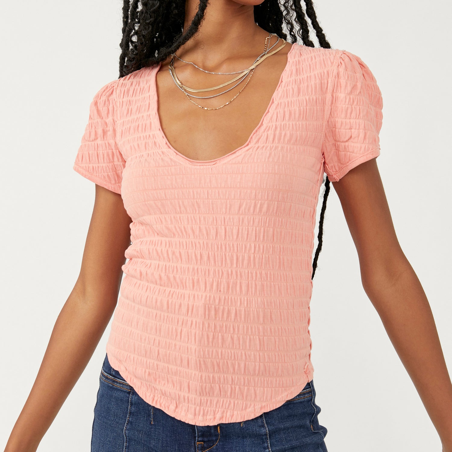 Free People Sugar Cube Tee. Just as special as it is versatile, this top is featured in a boxy, cropped design and stunning lace fabrication with tulle and ruffled sleeves for added dimension