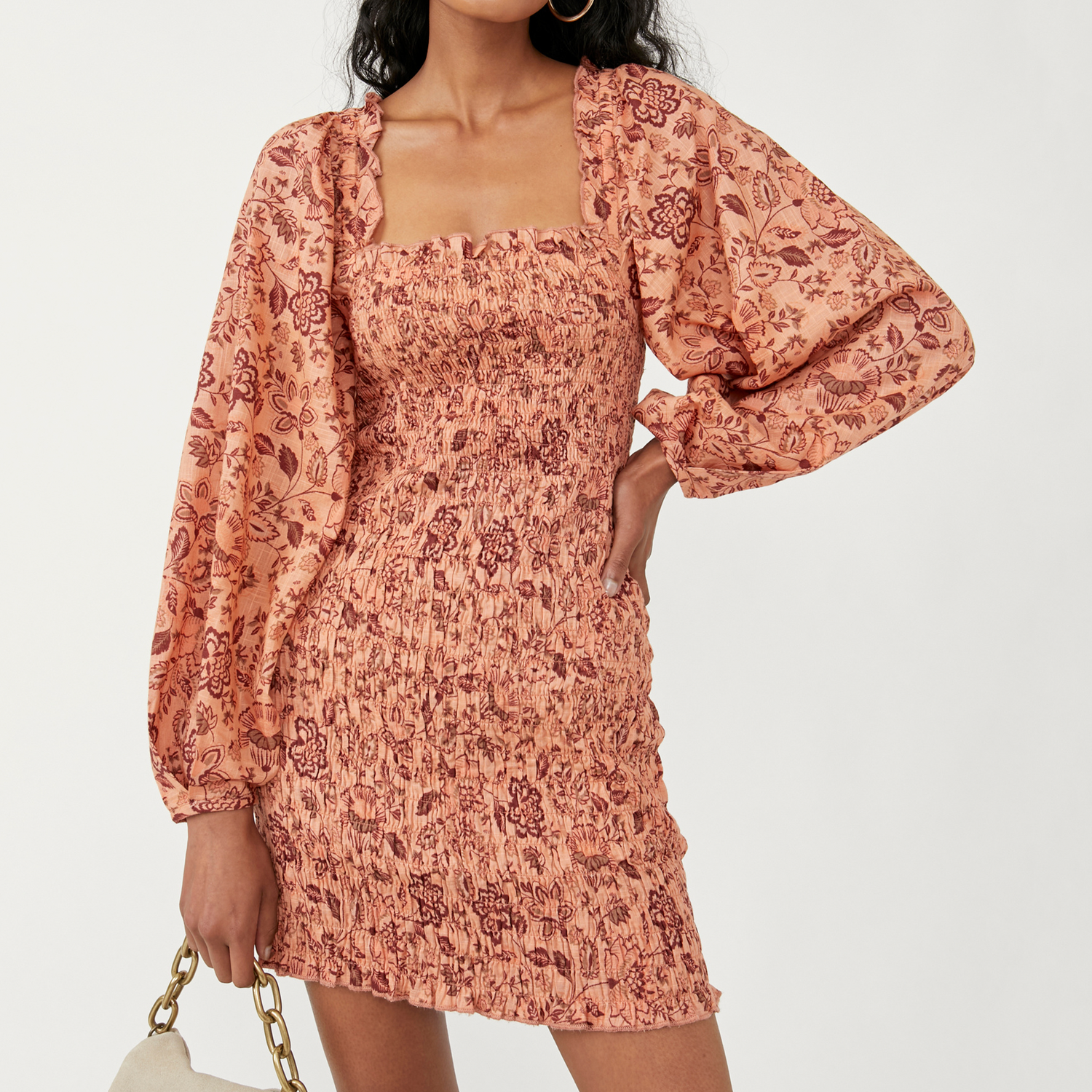Free People Smock It To Me Mini. A perfectly printed  dress in a forever flattering shape. This essential, smocked mini dress features exaggerated puff sleeves and square neckline for timeless style throughout the seasons