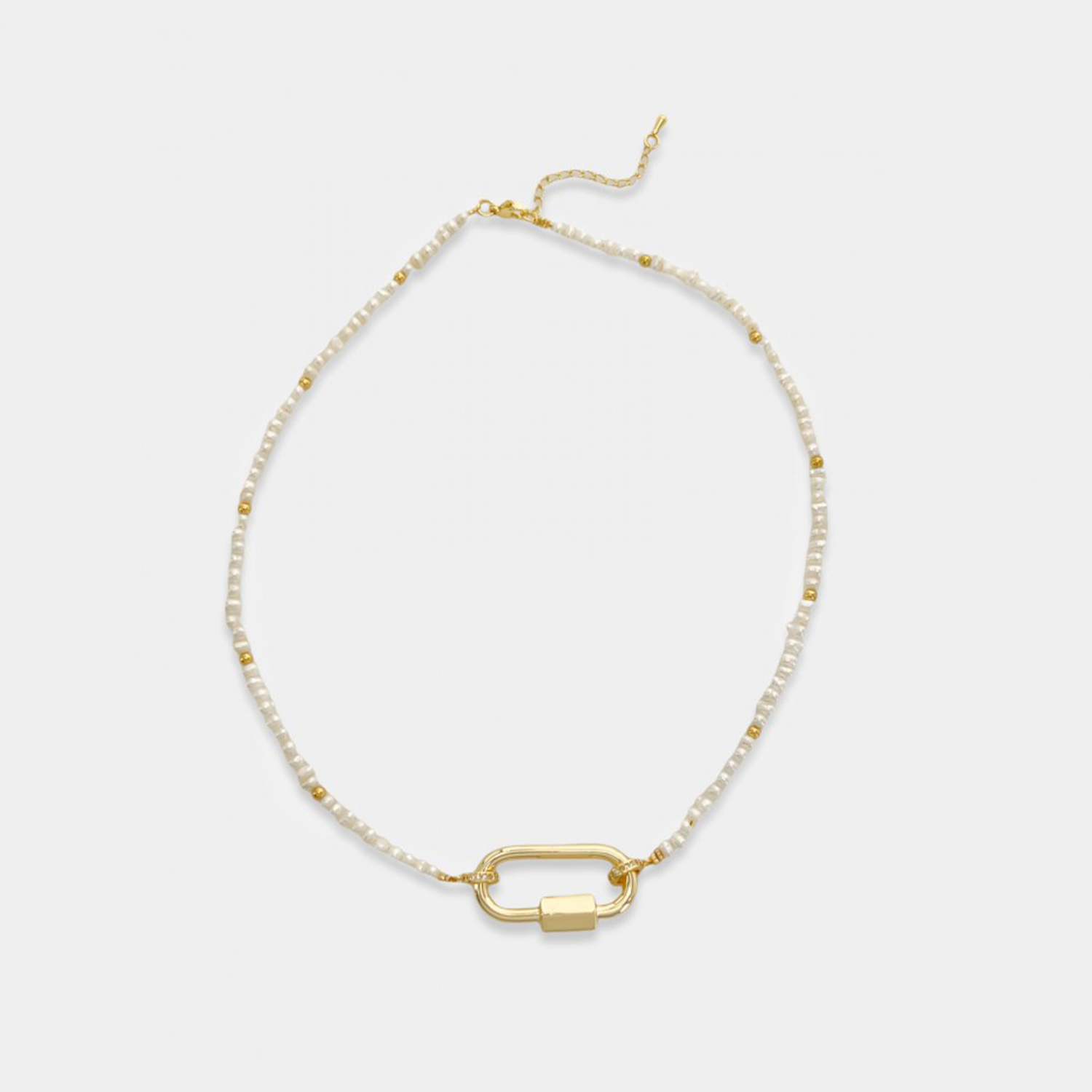 Carabiner Pearl Necklace. Freshwater pearls with 3mm stainless steel accents and a stainless steel carabiner. Open the carabiner and add your favorite charms and pendants for some extra flare