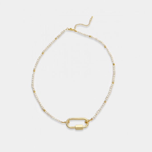 Carabiner Pearl Necklace. Freshwater pearls with 3mm stainless steel accents and a stainless steel carabiner. Open the carabiner and add your favorite charms and pendants for some extra flare