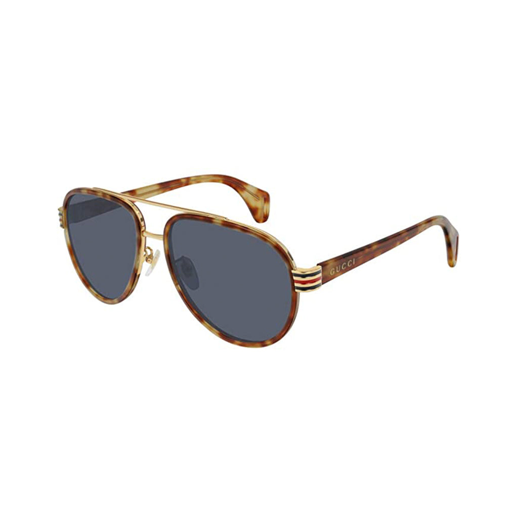 Gucci Novelty Sunglasses MSRP $565. 70’s inspired masculine double bridge pilot shape, re-interpretation of the Vintage Web Concept. Web and Sylivie enamels tones on metal part of front and end pieces. Small GG interlocking logo on temples. Classical and sophisticated color palette embellished with web and sylivie tones