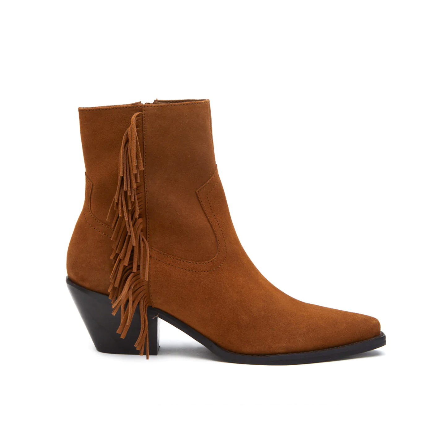 Fashionable yet practical, this Western-inspired bootie is just perfect for walking around town everyday. Thoughtfully constructed, and detailed with fringes to lend feminine flair with a side zipper closure for a snug fit