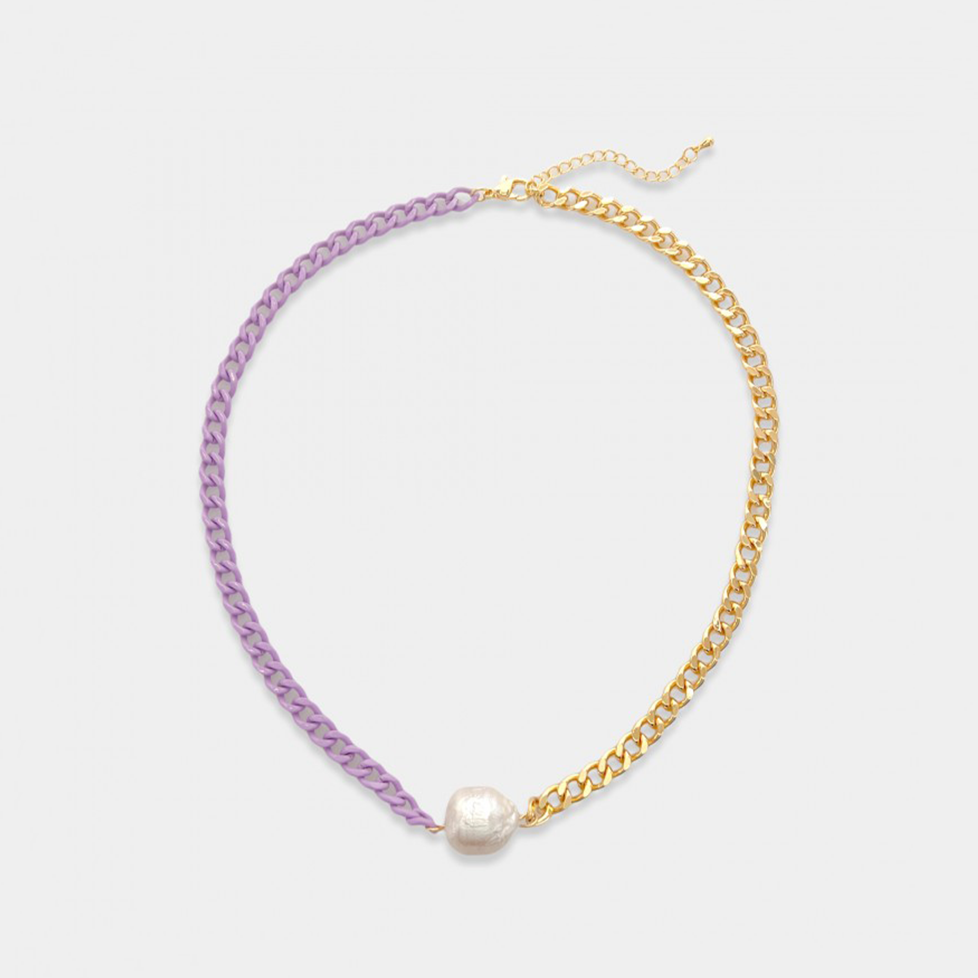 Half gold, half enamel curb chain necklace with genuine freshwater pearl accent