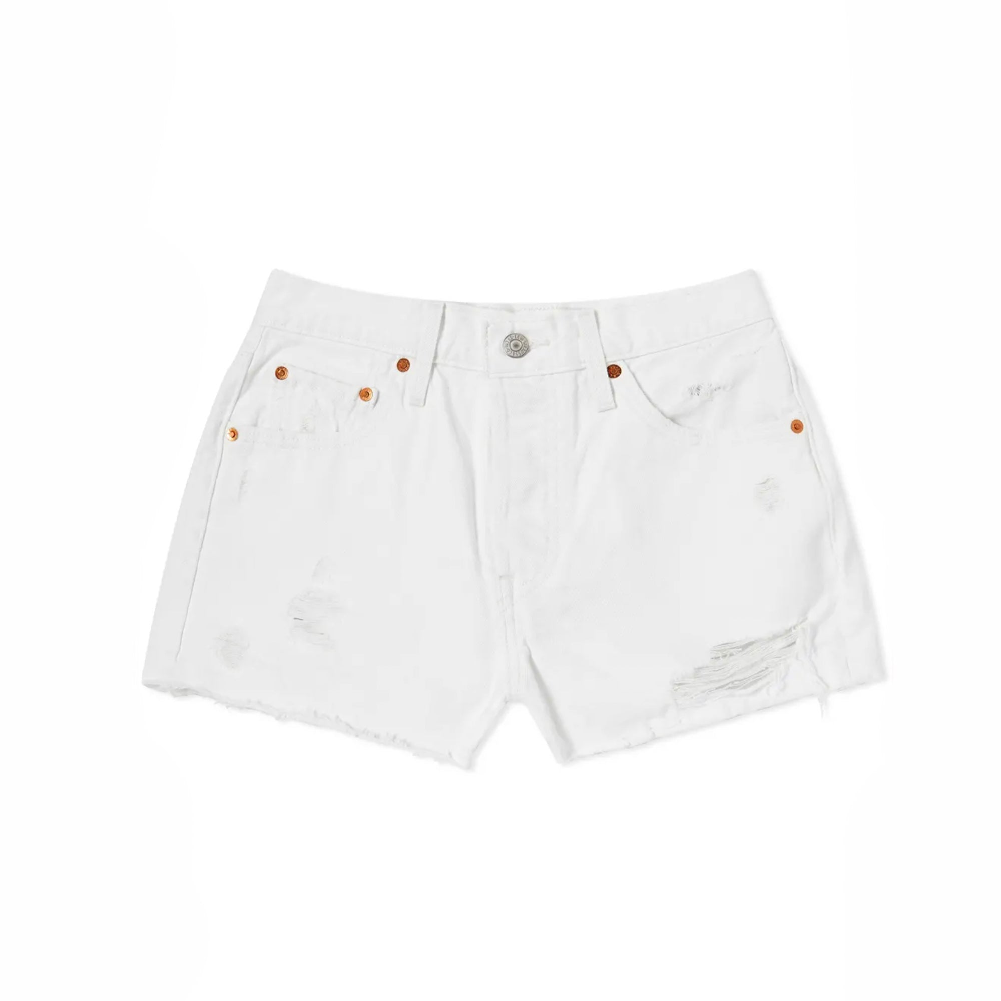 Levi's Original Short. These white jean shorts from Levi's are guaranteed to add an elevated touch to your warm weather looks. They have a high-rise fit and are crafted from heavyweight denim and feature raw cut-off hems for a vintage look