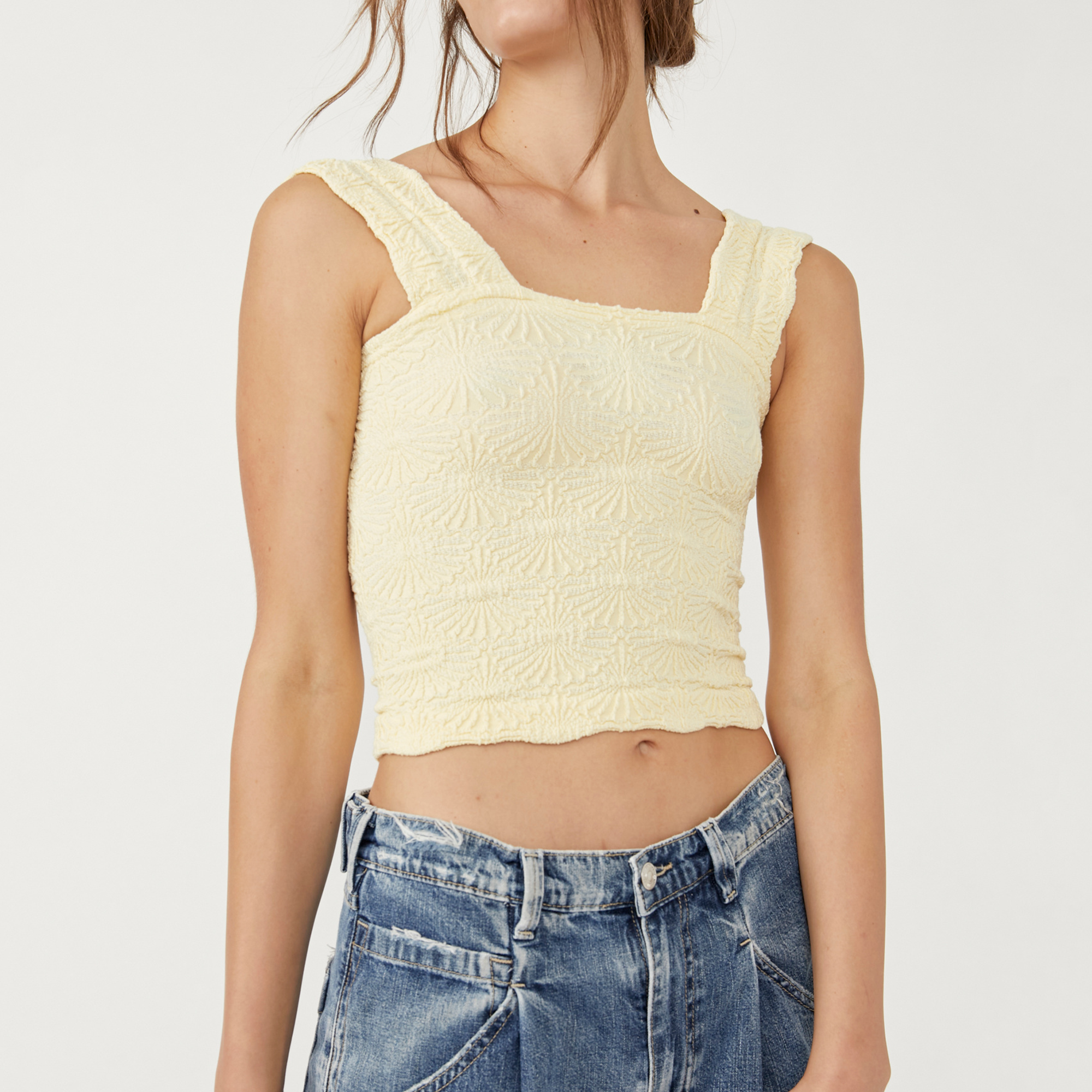 Free People Love Letter Cami. So sweet cami featured in a cropped, square-neck silhouette and jacquard floral design with statement lettuce-edge hemline