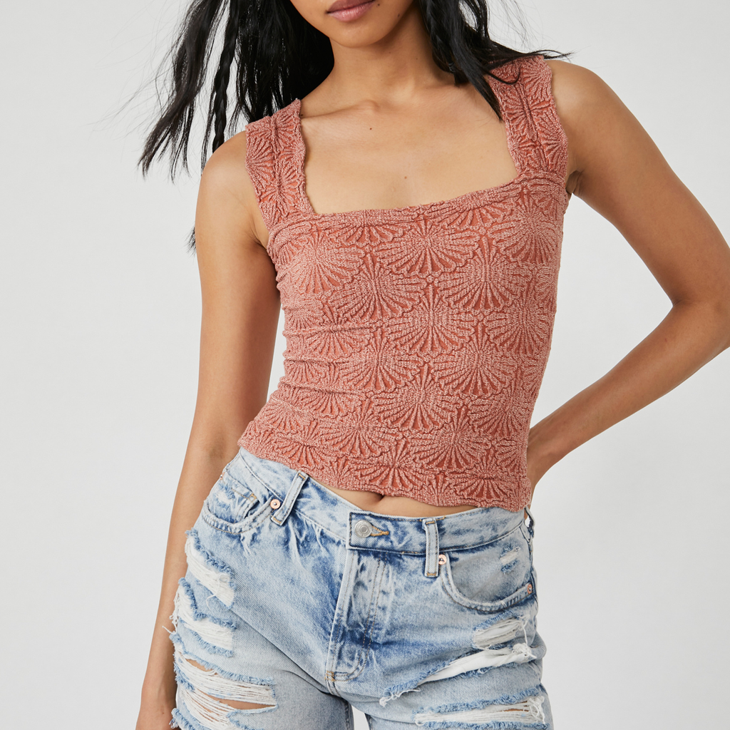 Free People Love Letter Cami. So sweet cami featured in a cropped, square-neck silhouette and jacquard floral design with statement lettuce-edge hemline