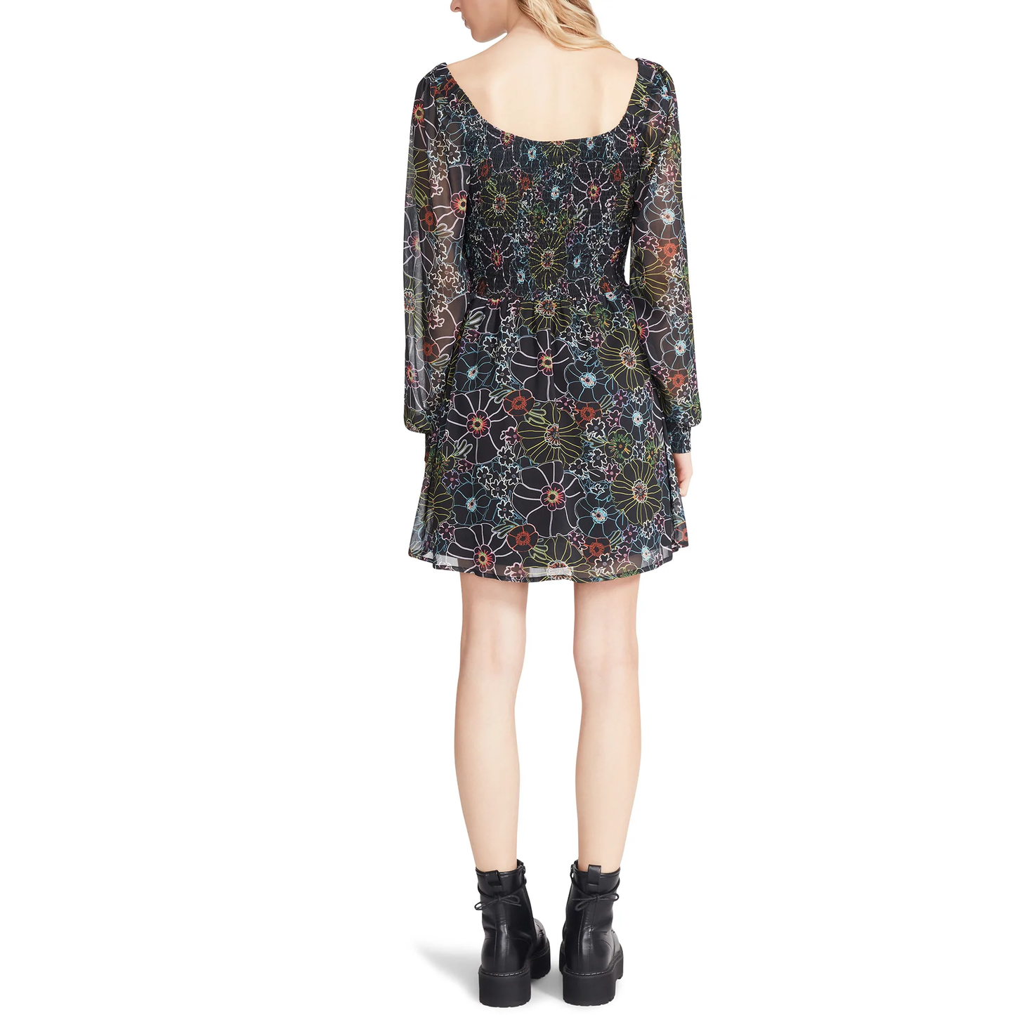 Get ready for spring with this light weight floral dress featuring a smocked bodice and long sheer puff sleeves.