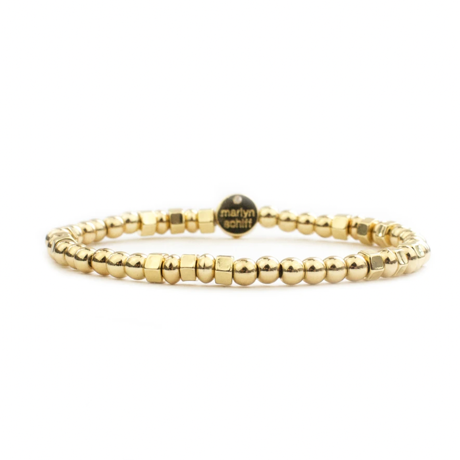 Marlyn Schiff Brass Beaded Ball & Square Bracelet. Metal stretch bracelet with small mixed circle and square beads.