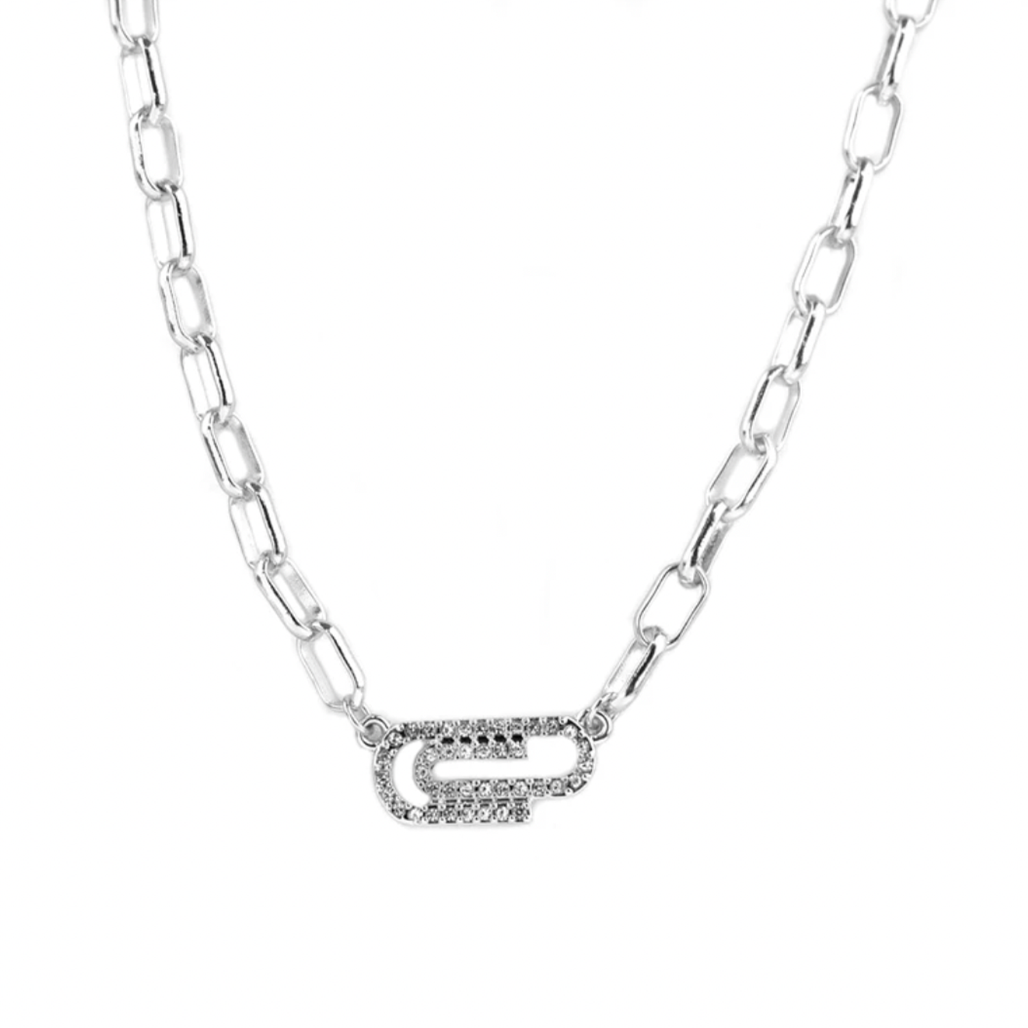 Marlyn Schiff Paperclip Necklace. Metal link necklace with pave paperclip design