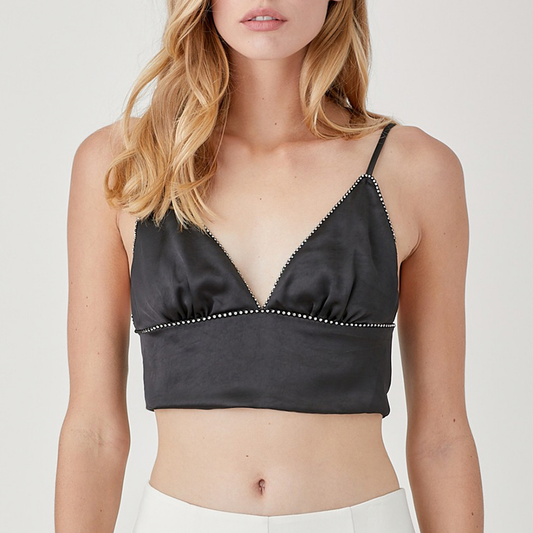 Rhinestone Satin Bra Top. This rhinestone bra top is a party top you need in your closet ASAP, featuring a plunging neckline, cami straps, and shiny stones lining the cups