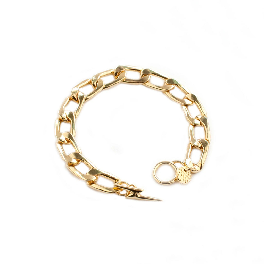 Marlyn Schiff Curb Chain Light Bolt Bracelet. Wide cuban link bracelet with bolt toggle clasp. links are 3/8" in width, bracelet is 7" in length
