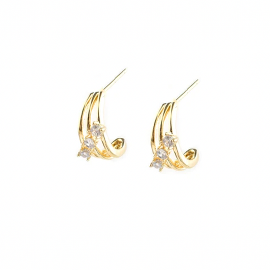 Marlyn Schiff Triple Hoop Huggie. Tri-strand, tri-crystal mini hoop earring. post backing.