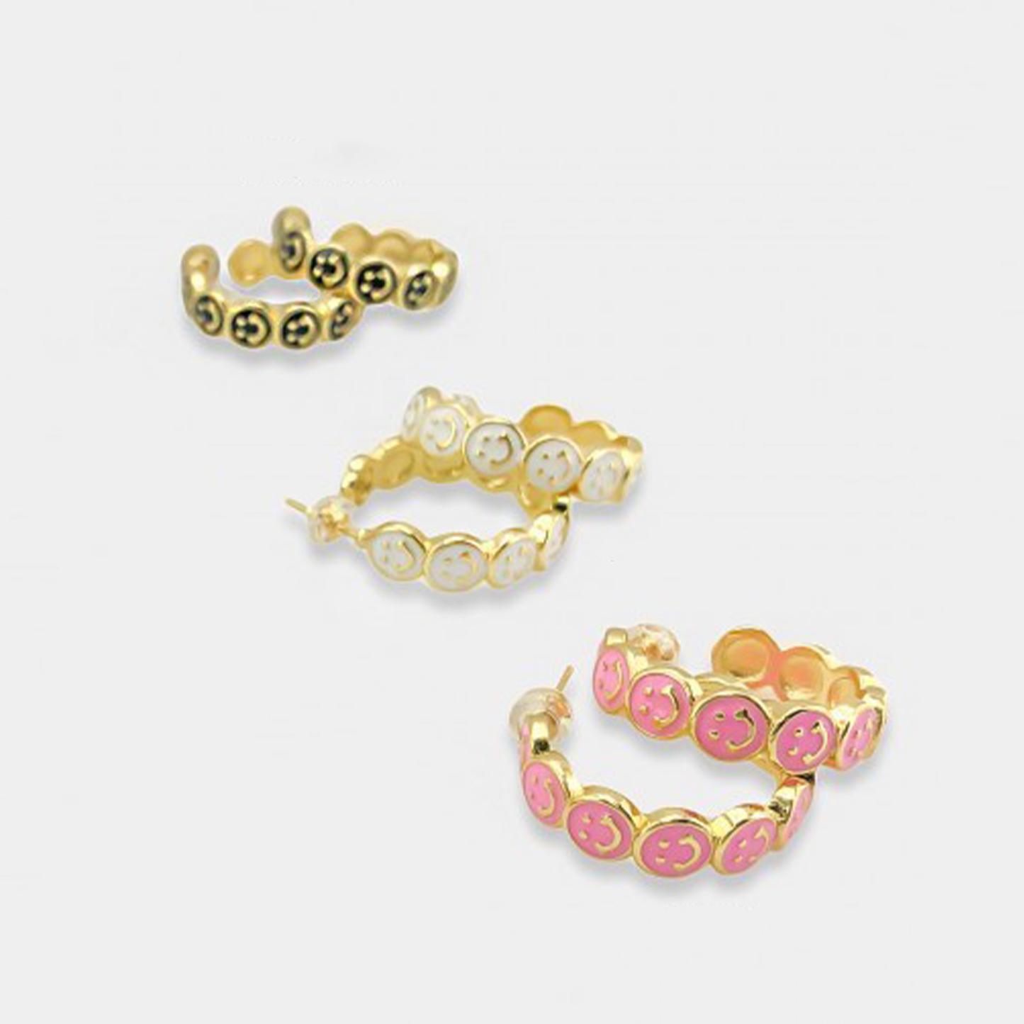 Enamel Smile Hoop. Enamel push back hoop earrings with smiley face pattern. Slide the earring post into your ears and secure it with the push back backing