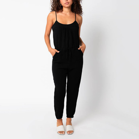 This Malo Jumpsuit is a simple, but cute outfit. It features a double gauze fabric and elasticated drawstrings to give some shape