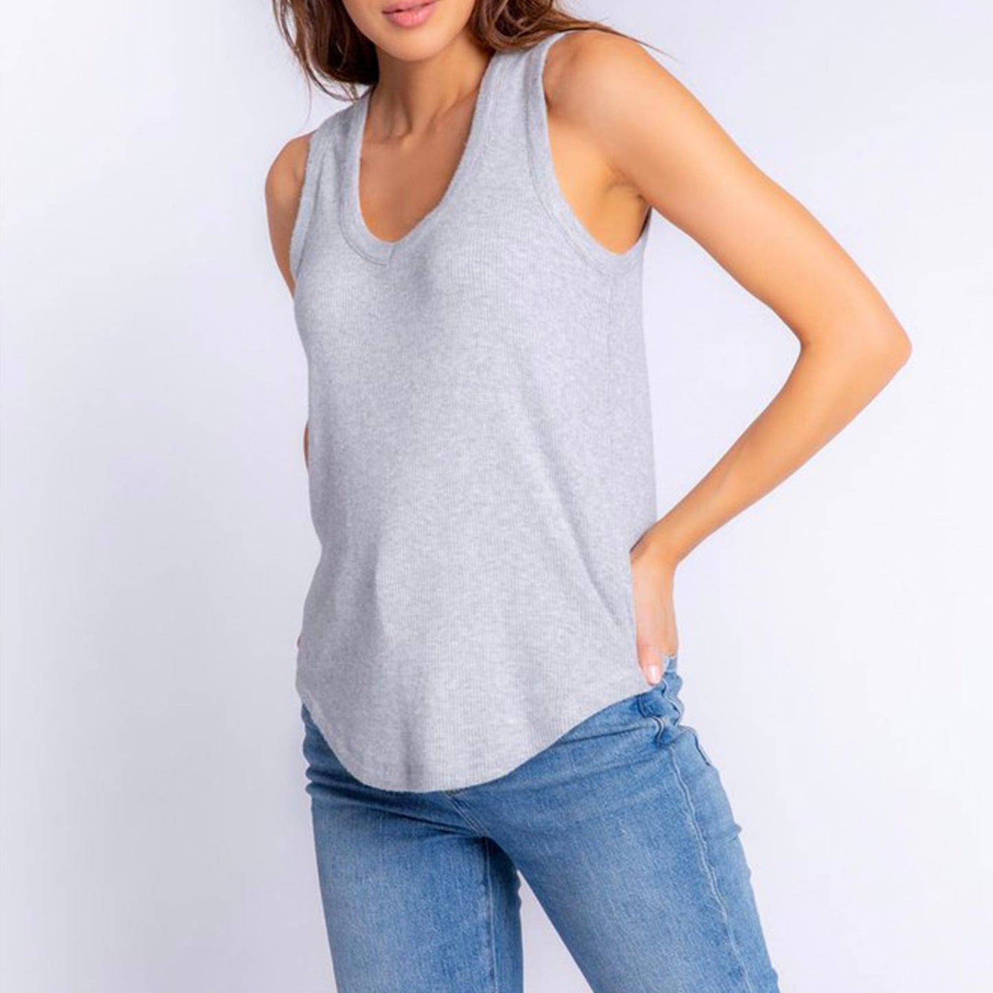 P.J. Salvage Textured Tank Top. An easy, wear-anywhere, layer-with-anything tank top. With a rounded V-neck in soft 2x2 rib peachy jersey. Easy to wear out or give a casual tuck.