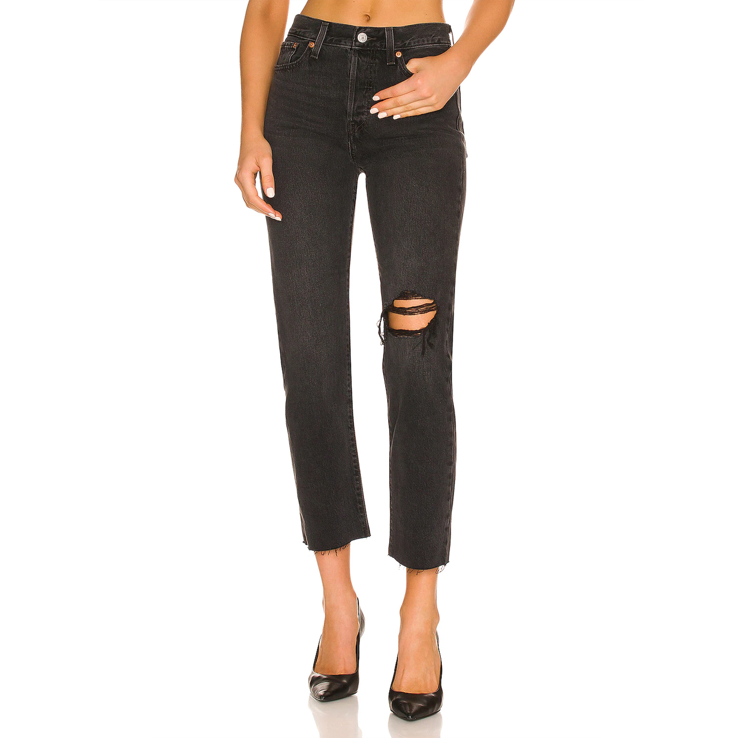 Levi's Wedgie Straight Long Bottom Jean. The After Sunset Levi's Wedgie Straight Jeans complete any outfit! These essential black denim pants are complete with a high waisted fit, a relaxed straight leg, raw hem, distressed detailing, and the iconic brown leather Levi's patch at the back