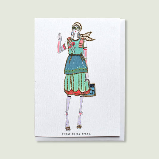 Verrier Handcrafted Cards: "Swear On My Prada". The Verrier Handcrafted Cards make the perfect addition to any gift! Printed original artwork, hand-embellished with paint and silver glitter. These cards are seriously so stunning!