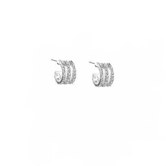 Pave Tripple Post Earring. 3-row pave stone hoop earring. post backing