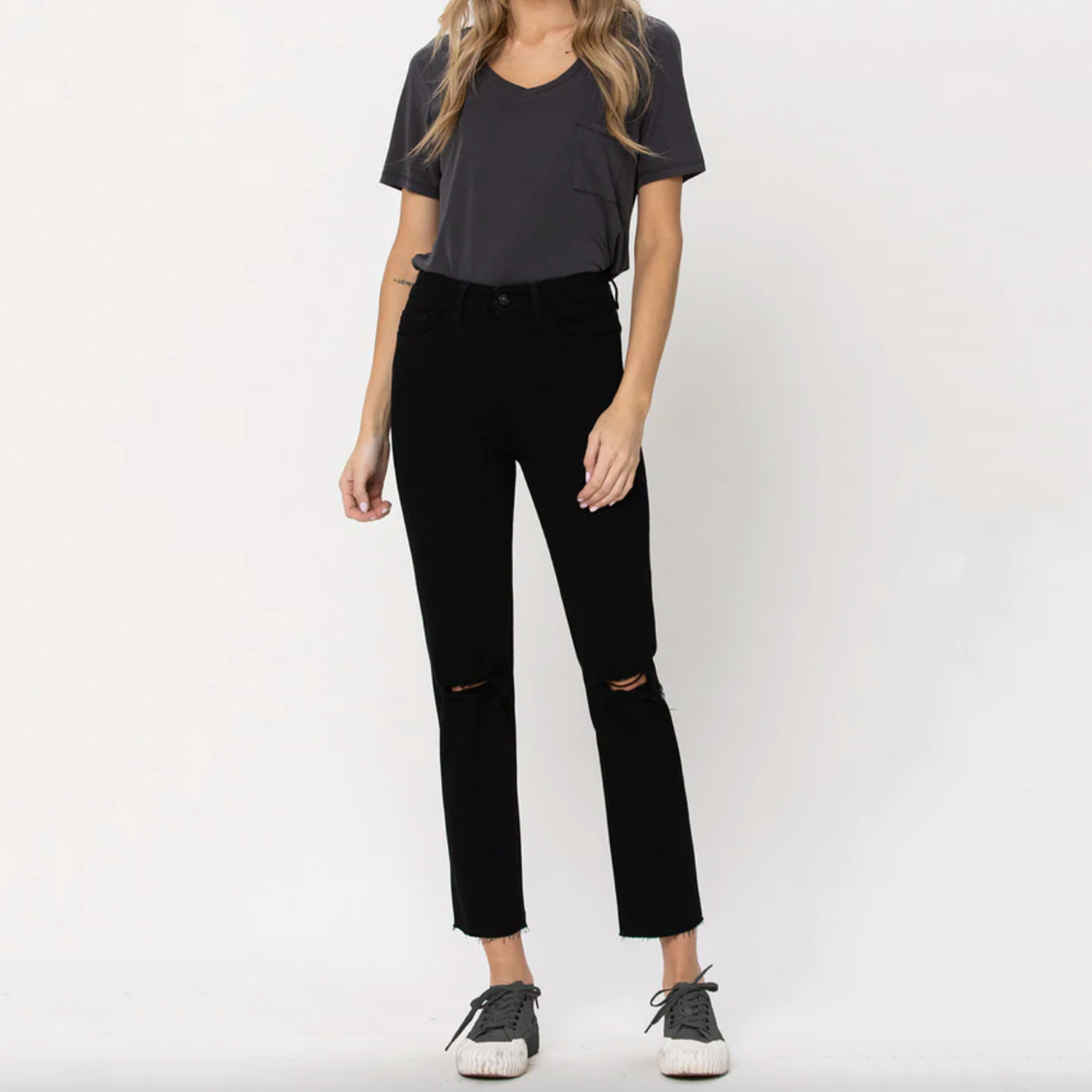 Vervet High Rise Raw Hem Straight Jean. Sporting a classic 5-pocket style and exposed button closure, this black denim number rocks tattered details throughout to match exposed, knee grinding. Cropped, raw hem at ankle baring length pairs perfectly with some sneakers to complete the look