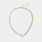 Half gold, half enamel curb chain necklace with genuine freshwater pearl accent