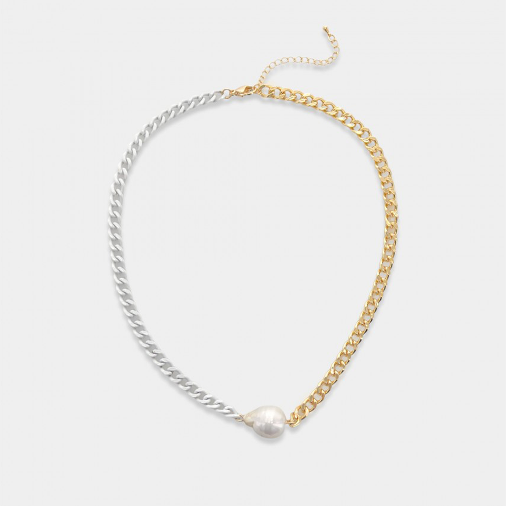 Half gold, half enamel curb chain necklace with genuine freshwater pearl accent