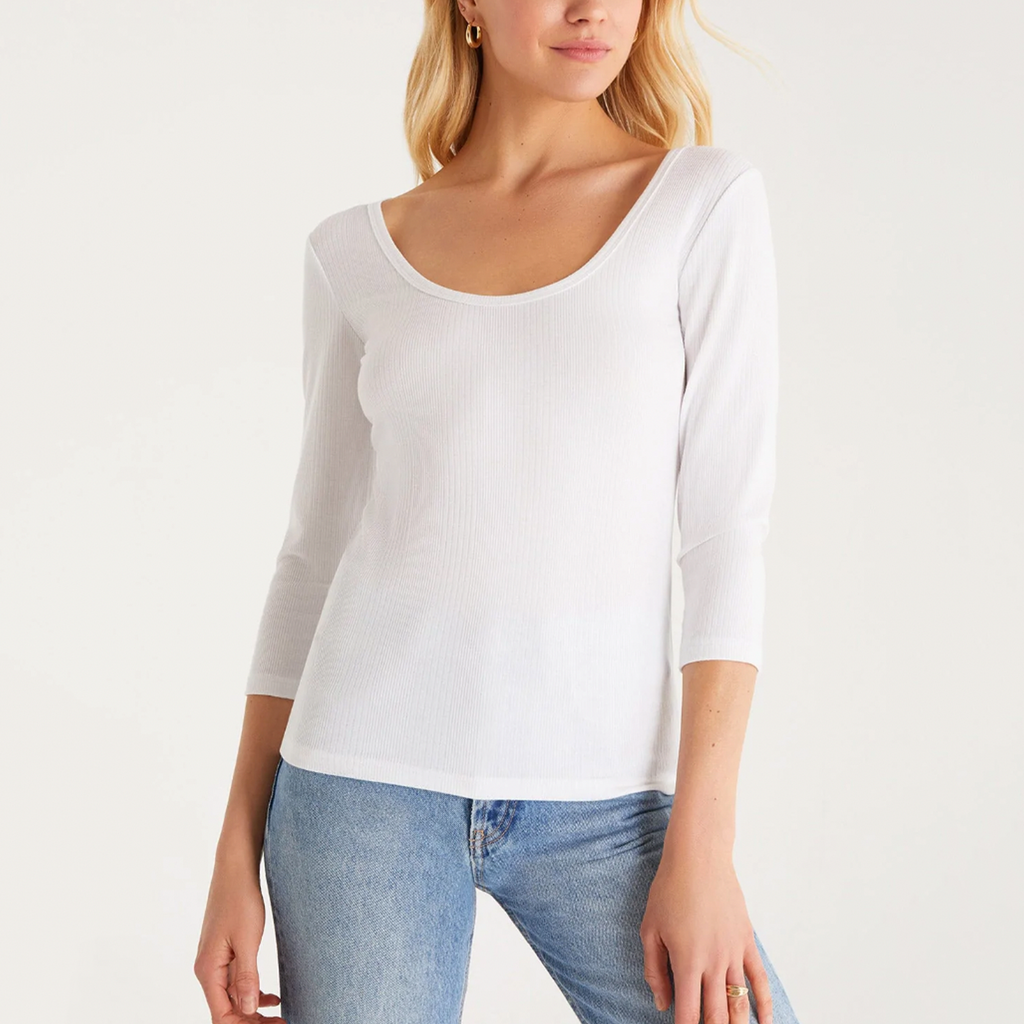 Z Supply Jayda Rib 3/4 Sleeve Top. The perfect all-season top, the Jayda Rib ¾ Sleeve Top is designed with a slim silhouette in a stretch rib fabric you'll fall in love with. This top looks so good tucked into those favorite high-waisted denim pants
