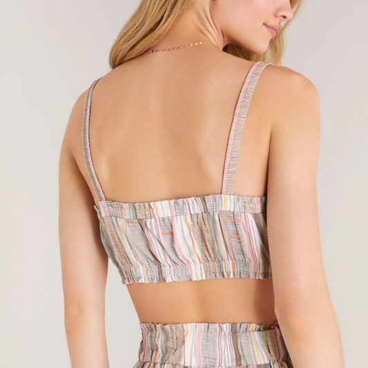 Z Supply Balcony Stripe Bra Top. The Balcony Stripe Bra Top is perfect for those warm, sunny days left of summer. The novelty stripe pattern is printed in a rayon challis fabric
