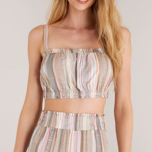 Z Supply Balcony Stripe Bra Top. The Balcony Stripe Bra Top is perfect for those warm, sunny days left of summer. The novelty stripe pattern is printed in a rayon challis fabric