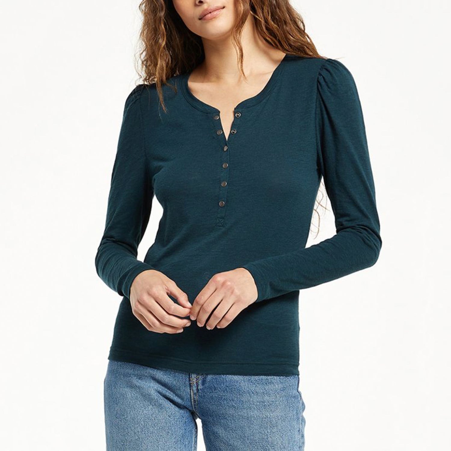 Z Supply Liv Brushed Slub Henley. The Z Supply Liv Brushed Slub Henley Top is an easy choice for so many occasions. This top features a set in puff shoulder, and a rounded neckline with snap closure. You can dress this style up or down, it's so versatile!