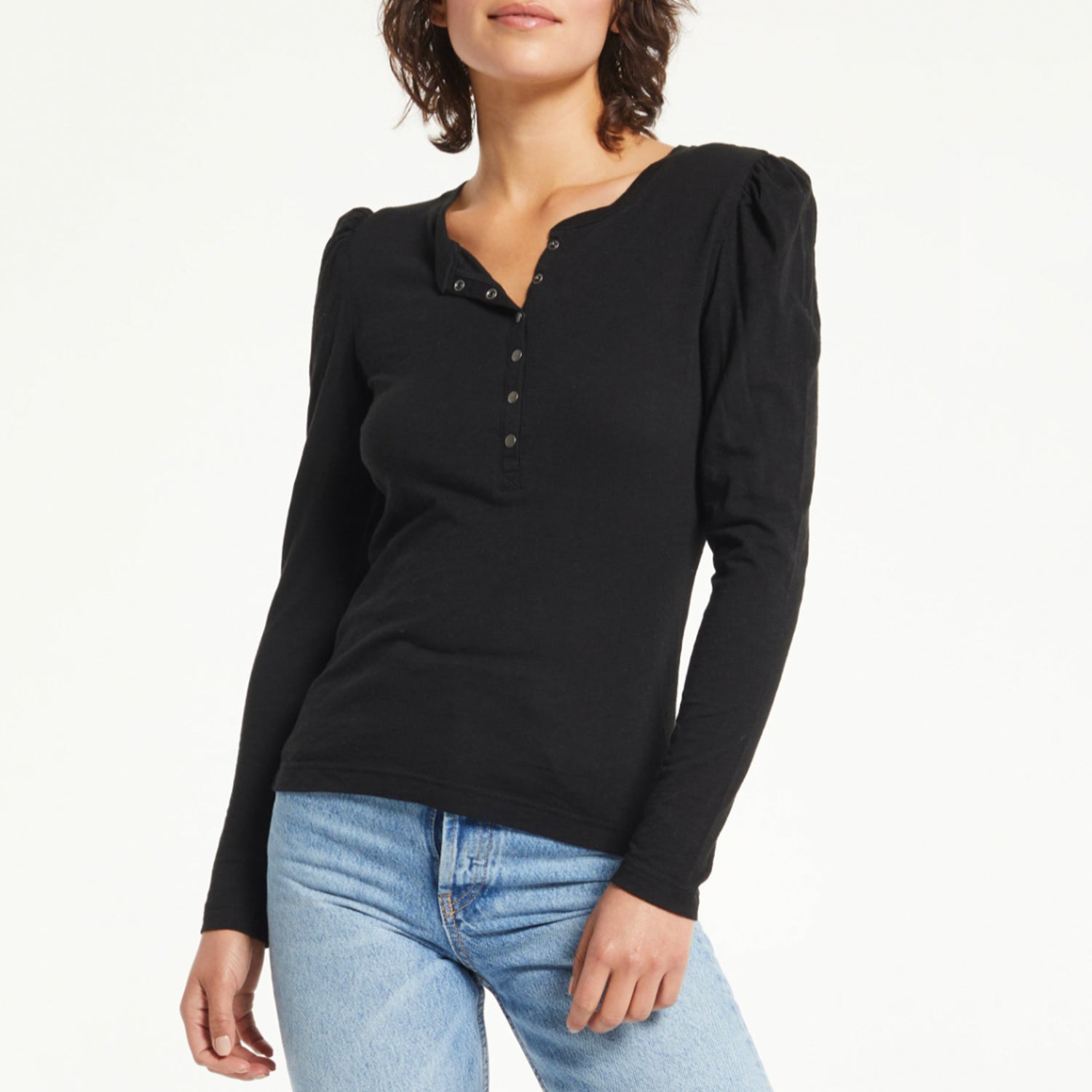Z Supply Liv Brushed Slub Henley. The Z Supply Liv Brushed Slub Henley Top is an easy choice for so many occasions. This top features a set in puff shoulder, and a rounded neckline with snap closure. You can dress this style up or down, it's so versatile!
