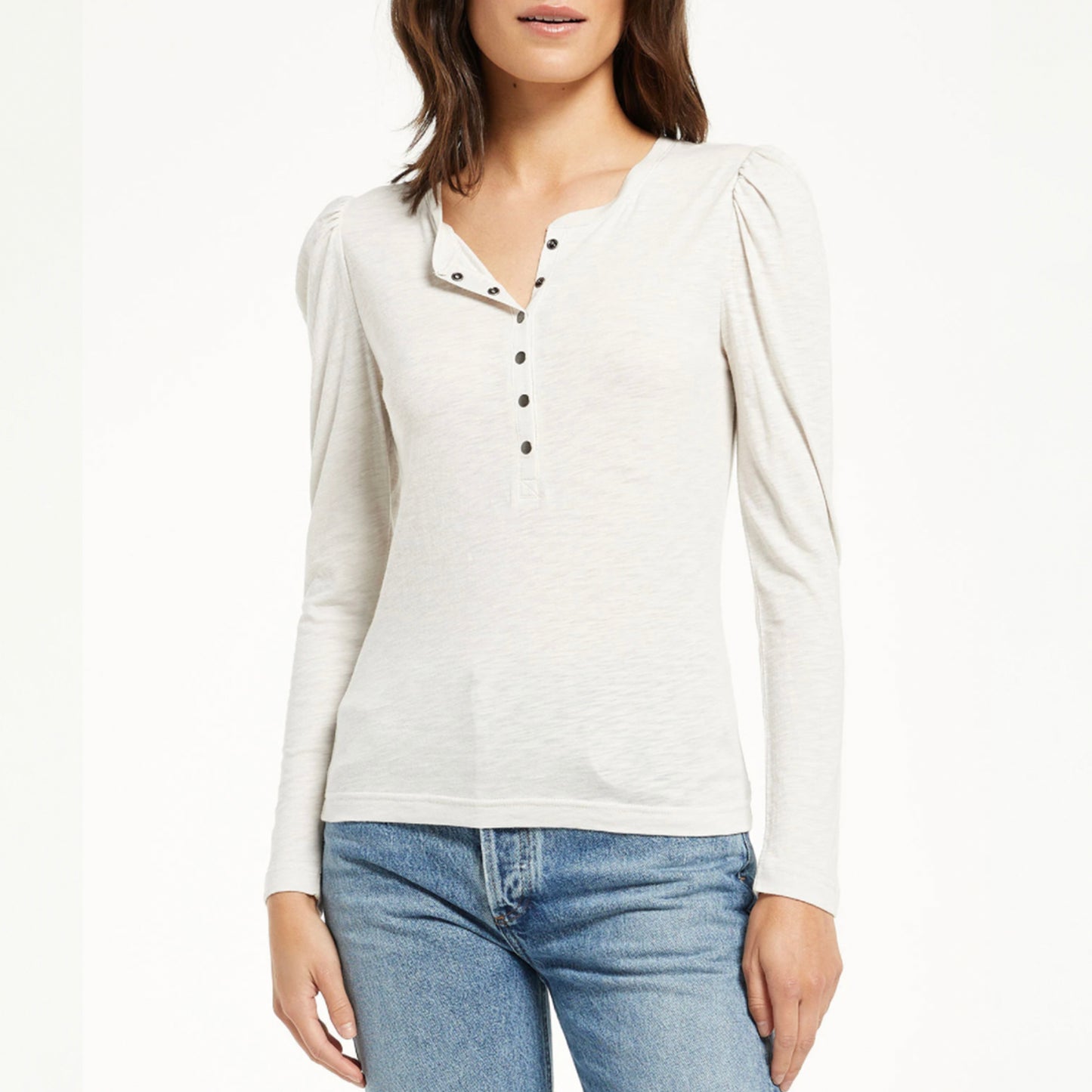 Z Supply Liv Brushed Slub Henley. The Z Supply Liv Brushed Slub Henley Top is an easy choice for so many occasions. This top features a set in puff shoulder, and a rounded neckline with snap closure. You can dress this style up or down, it's so versatile!